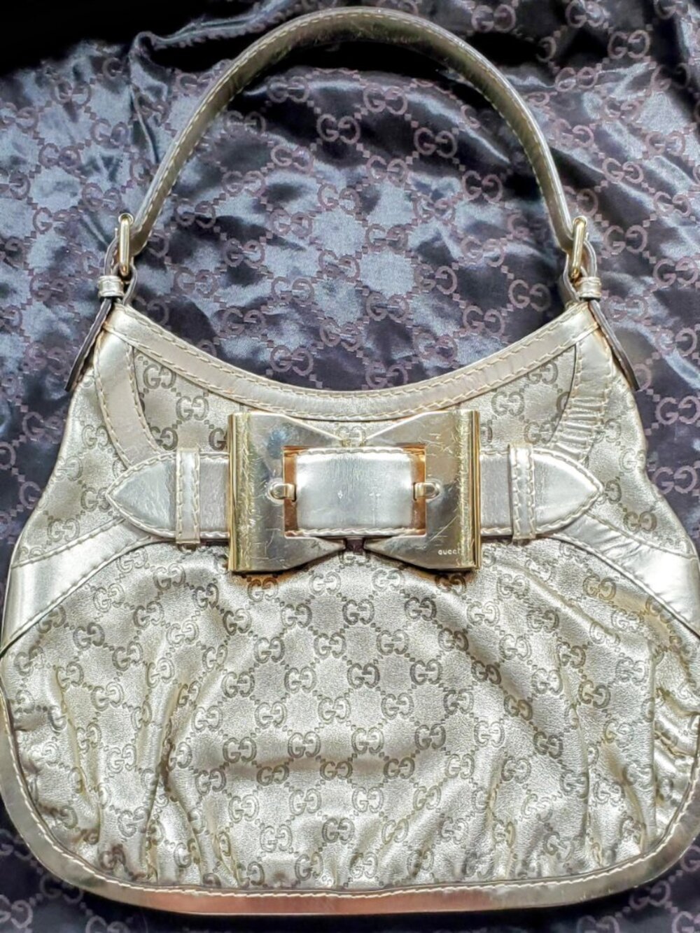 Authentic GUCCI Medium Queen Hobo | Gold Guccissima Leather | GG Monogram Bow